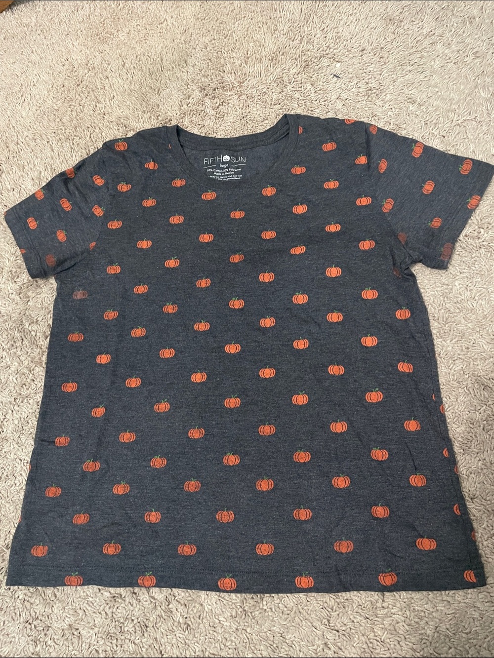 Fifth Sun Charcoal Short Sleeve Tee with Orange Pumpkin Pattern